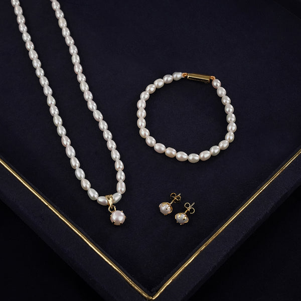 Classic Freshwater Pearl Necklace Set with Pearl Pendant, Matching Earrings & Pearl Bracelet | Timeless Elegant Jewellery Combo Offer