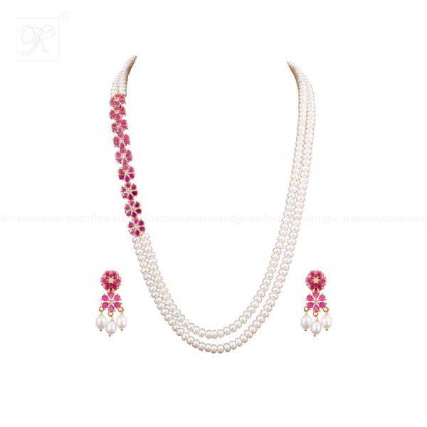 Elegant Red stone Floral Pearl Jewelry Set | Krishna Pearls and Jewellers