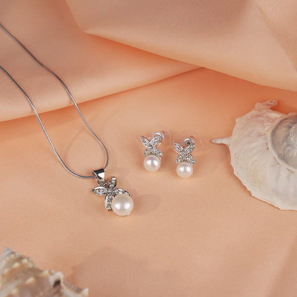 Pearl Bloom CZ Butterfly Set Freshwater | Krishna Pearls and Jewellers