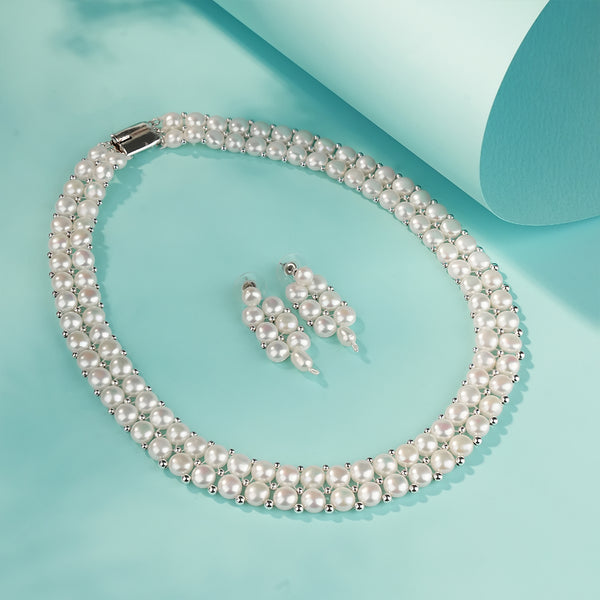 Double Layer Pearl Necklace, Matching Pearl Earrings & Pearl Bracelet | Elegant Bridal, Wedding & Party Wear Pearl Combo Set