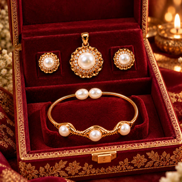 Pearl Bracelet, Pendant & Earrings Set for Women | Elegant Gold-Tone Pearl Jewellery Set | Krishna Pearls and Jewellers