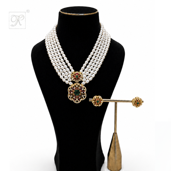 5-STRAND WHITE RICE PEARL NECKLACE SET WITH | Krishna Pearls and Jewellers