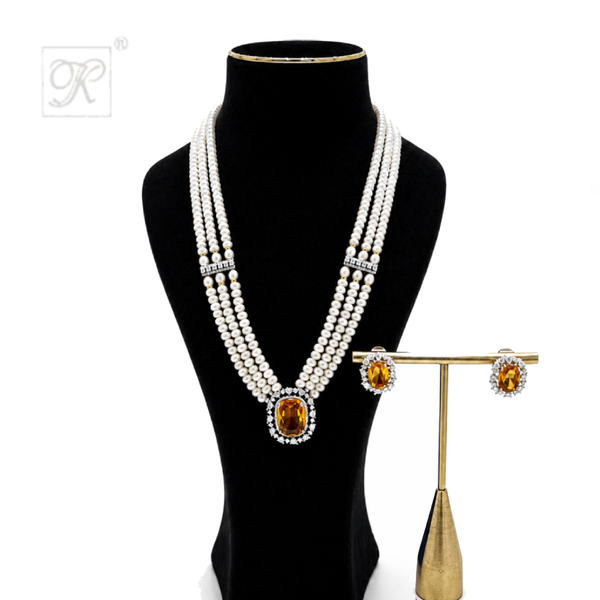 ROYAL AMBER 3-STRAND PEARL NECKLACE SET | Krishna Pearls and Jewellers