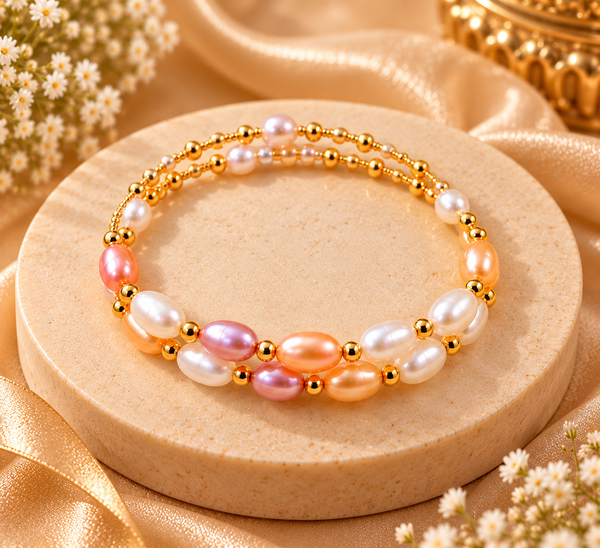 Floral Pearl Pendant, Stud Earrings & Bracelet Set for Women | Elegant Gold-Tone Pearl Jewellery Set | Krishna Pearls and Jewellers