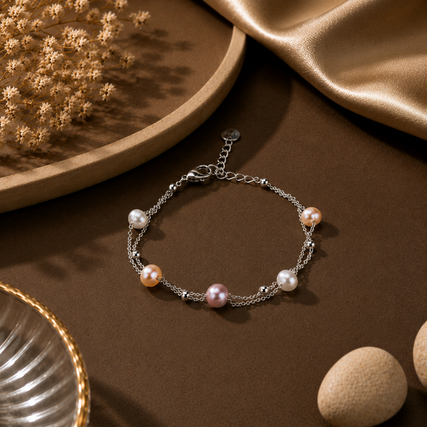 Multi-Color Pearl Chain Bracelet | Adjustable Sterling Silver-Tone Pearl Bracelet