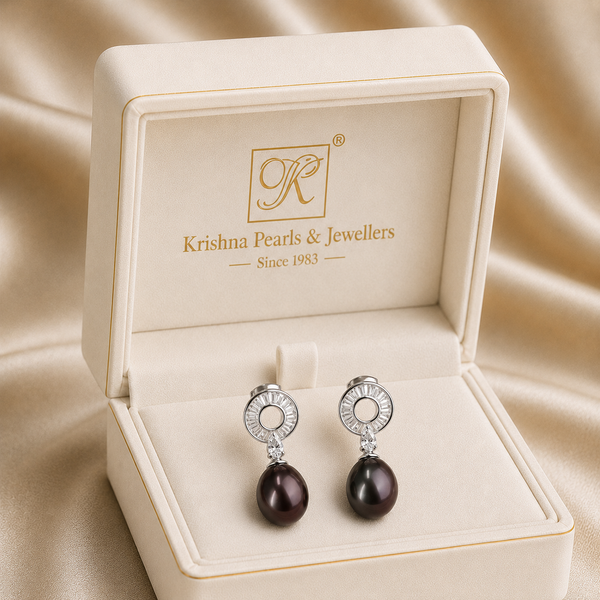 Elegant Black Pearl Drop Earrings with CZ | Krishna Pearls and Jewellers