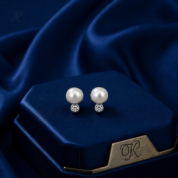 Dainty White Polish White Pearl & CZ Stud Earrings in Silver Tone | Pearl Earrings for Women | Krishna Pearls & Jewellers