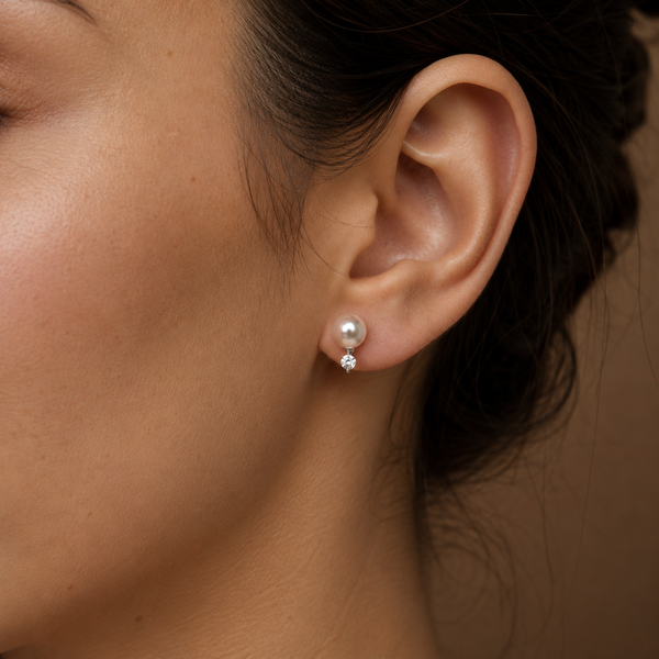 Dainty White Polish White Pearl & CZ Stud Earrings in Silver Tone | Pearl Earrings for Women | Krishna Pearls & Jewellers