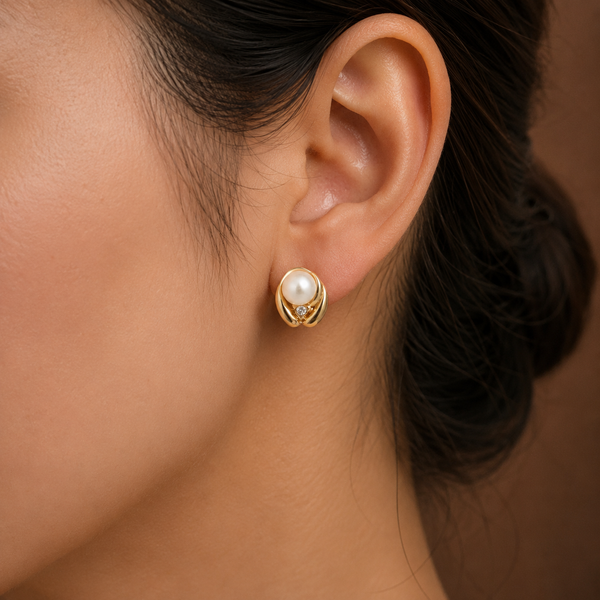 Minimalist Freshwater Pearl & CZ Stud Earrings in Gold | Pearl Earrings for Women | Krishna Pearls & Jewellers