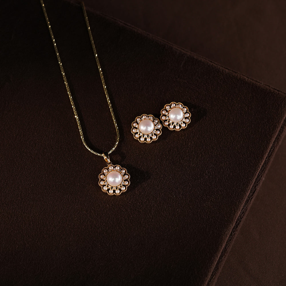 Elegant Floral Pearl Pendant Set with Matching Stud Earrings