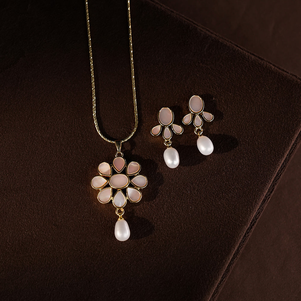 Floral Pearl Drop Pendant Set with Matching Earrings