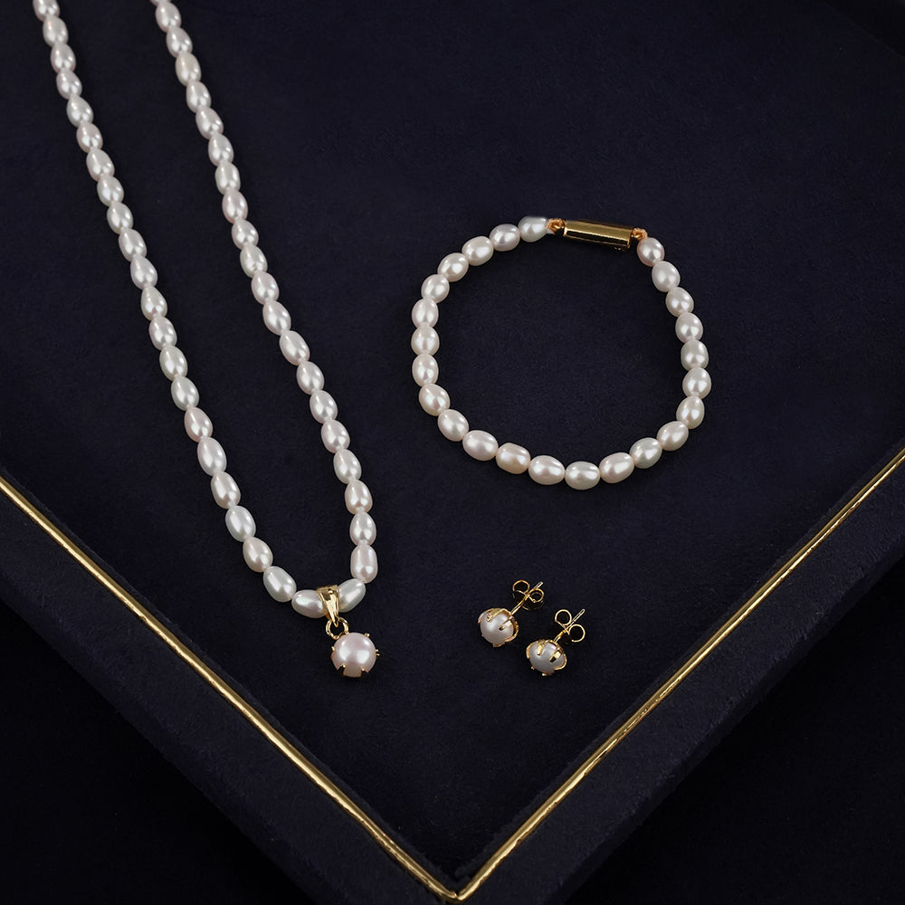 Classic Freshwater Pearl Necklace Set with Pearl Pendant, Matching Earrings & Pearl Bracelet | Timeless Elegant Jewellery Combo Offer