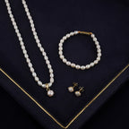Classic Freshwater Pearl Necklace Set with Pearl Pendant, Matching Earrings & Pearl Bracelet | Timeless Elegant Jewellery Combo Offer