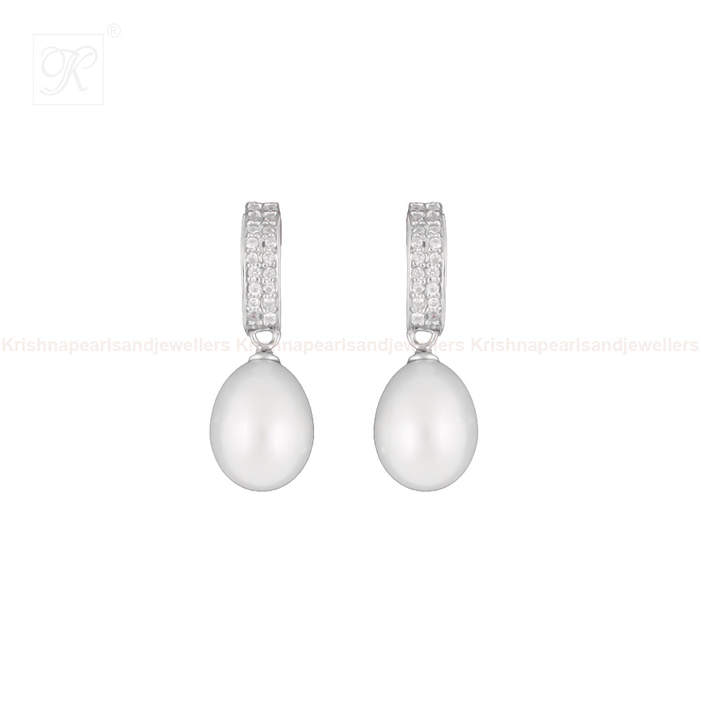 Silver CZ Pearl Drop Earrings Freshwater | Krishna Pearls and Jewellers