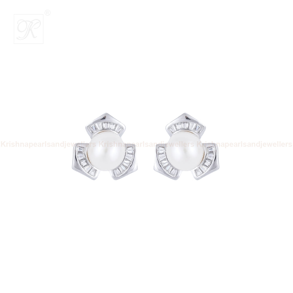 Silver Pearl Blossom Stud Earrings | Krishna Pearls and Jewellers
