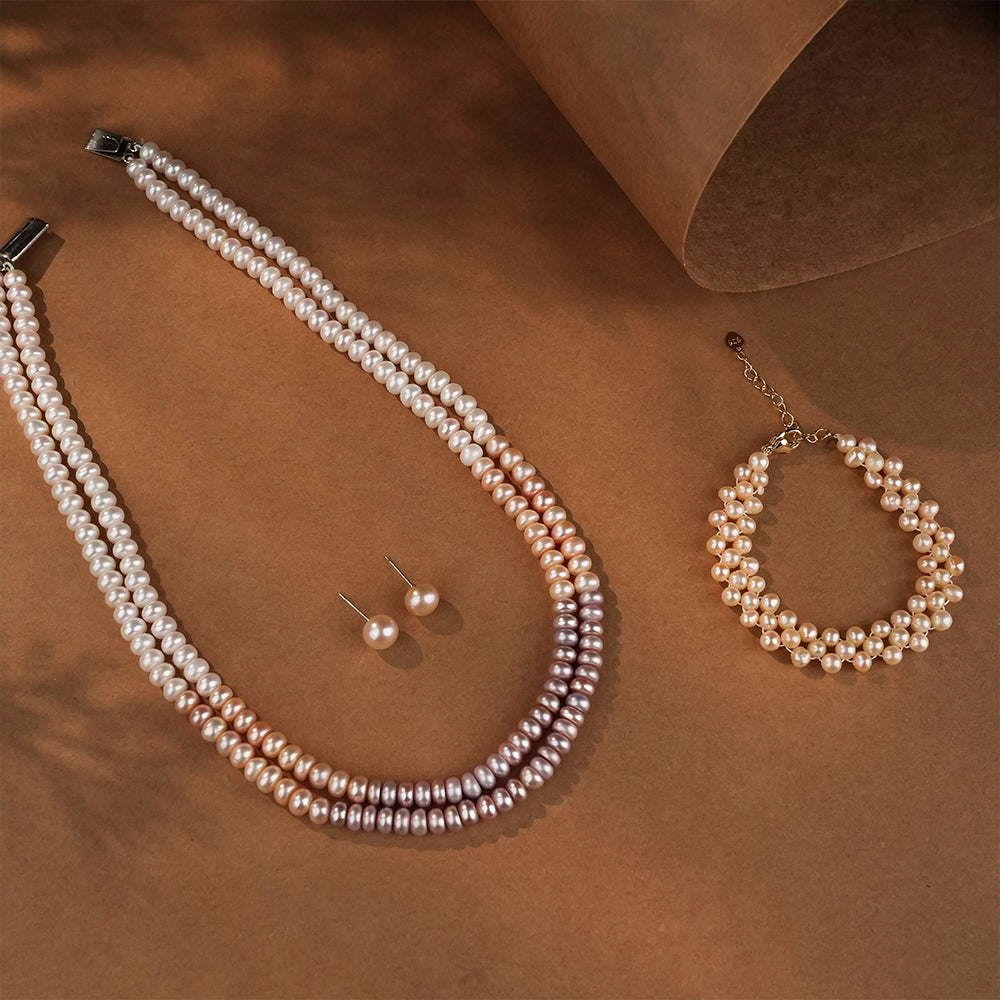 Multicolor Pearl Necklace Set with Pearl Stud Earrings & Handcrafted Pearl Bracelet | Elegant Pearl Jewellery Combo for Women