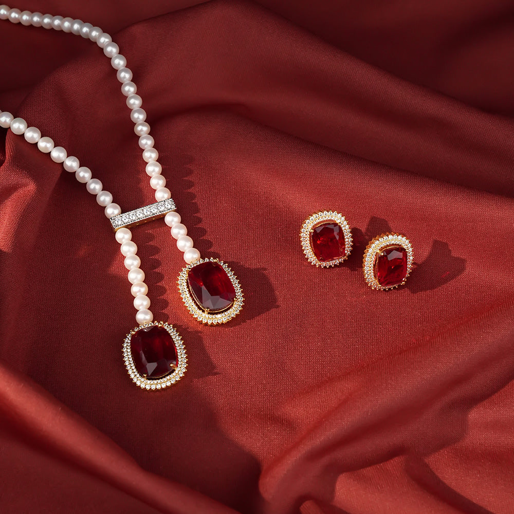 Freshwater Pearl Lariat Necklace & Red Stone Earrings Set