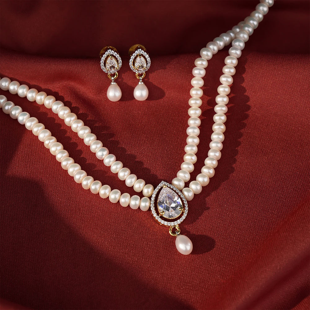 Freshwater Pearl Double Strand Necklace with Crystal Teardrop Pendant