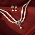 Freshwater Pearl Double Strand Necklace with Crystal Teardrop Pendant