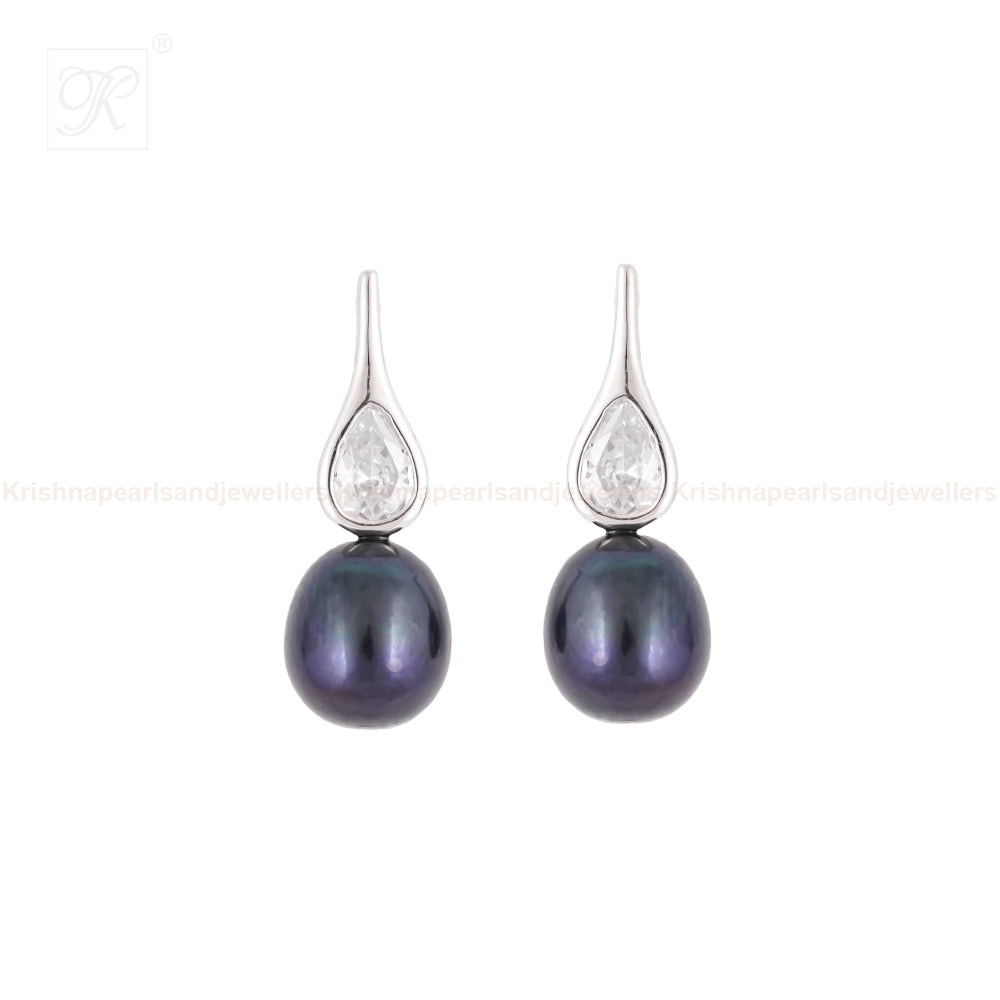Sleek Silver Drop Earrings with Black | Krishna Pearls and Jewellers
