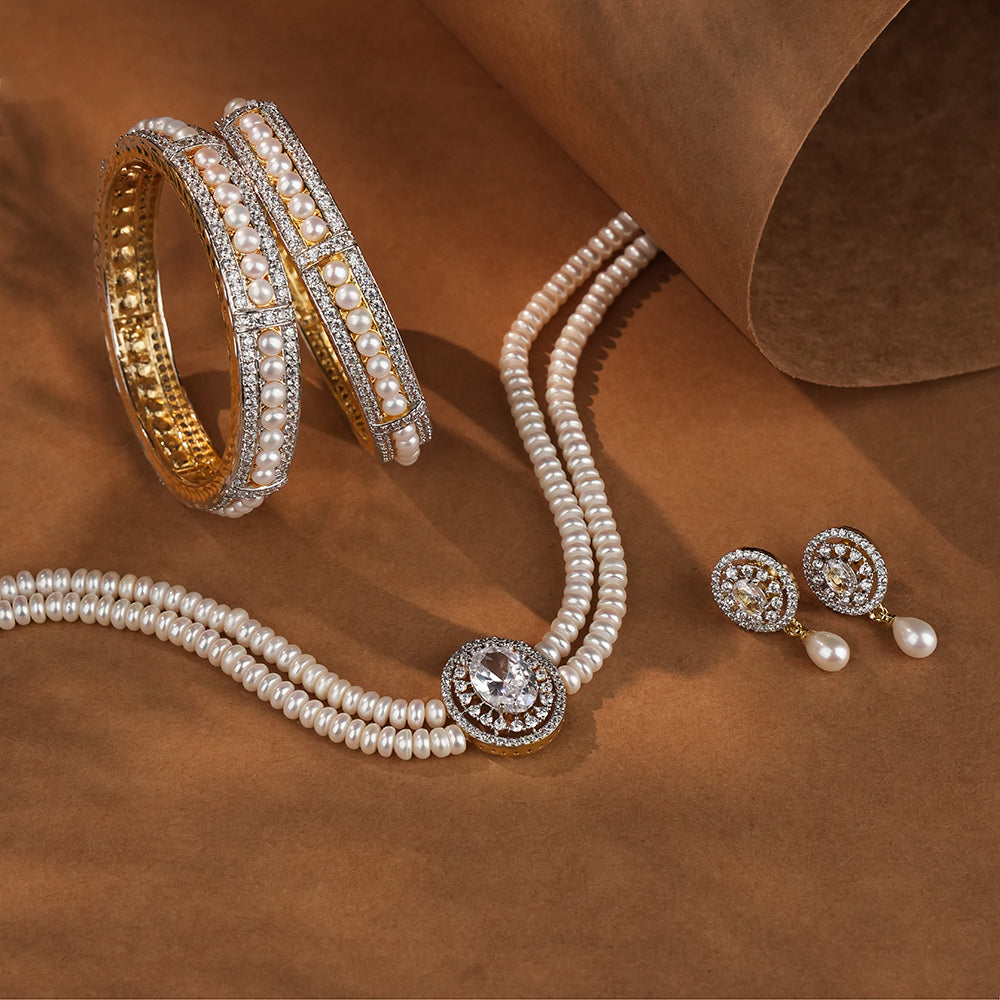 Royal Pearl double layer Necklace with Designer Earrings & Premium Pearl Bangles | Luxury Bridal Pearl Jewellery Combo offer set for Women