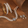 Royal Pearl double layer Necklace with Designer Earrings & Premium Pearl Bangles | Luxury Bridal Pearl Jewellery Combo offer set for Women