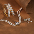 Royal Pearl double layer Necklace with Designer Earrings & Premium Pearl Bangles | Luxury Bridal Pearl Jewellery Combo offer set for Women