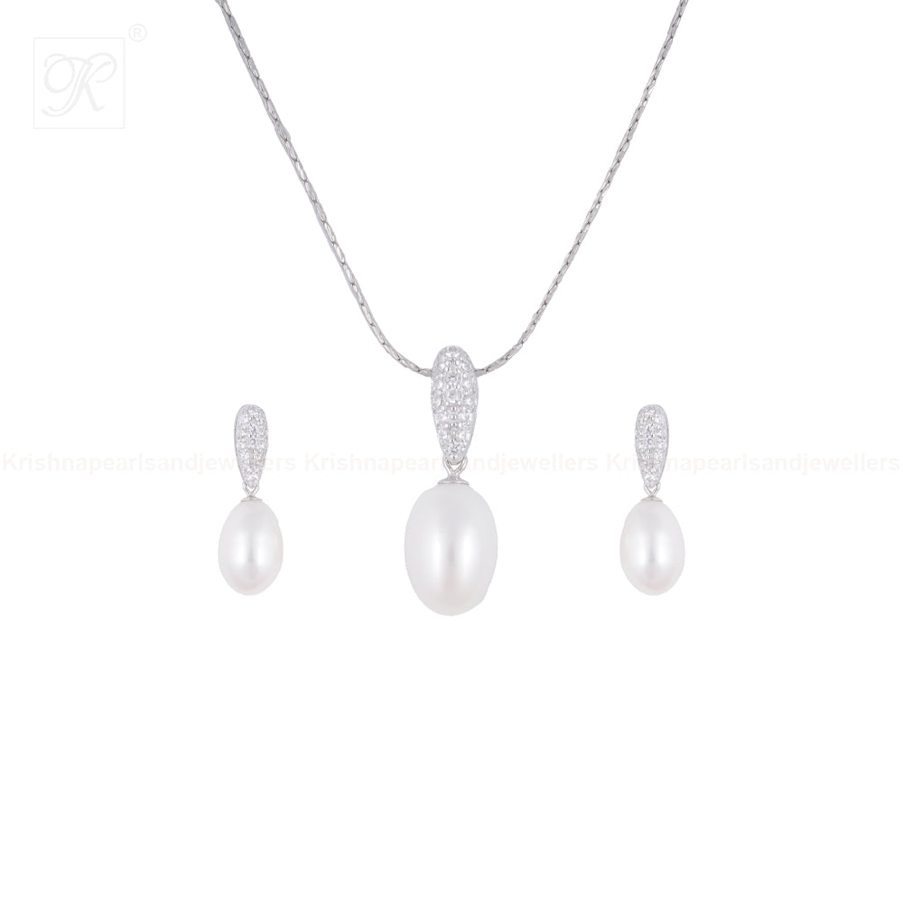 Ivory Drop Pearl Set – CZ Teardrop Elegance | Krishna Pearls and Jewellers