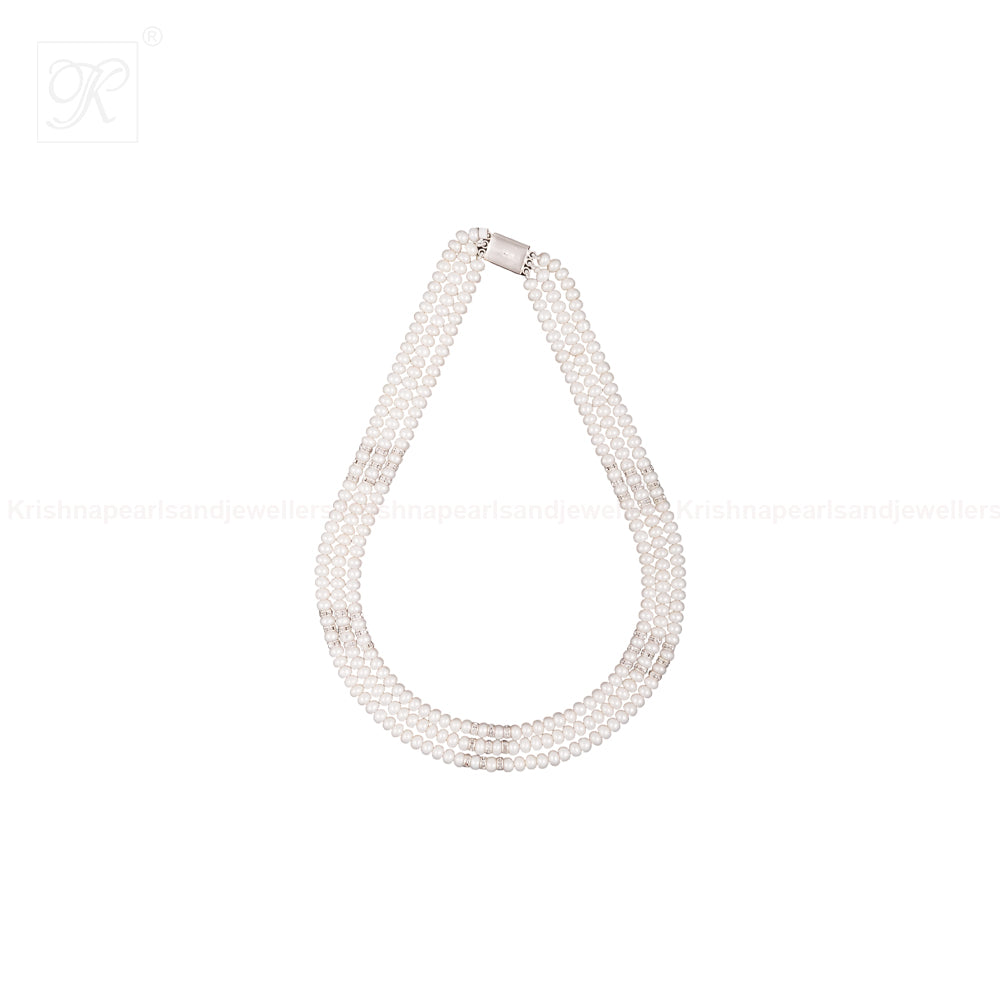 Triple-Strand White Pearl String with Gold | Krishna Pearls and Jewellers