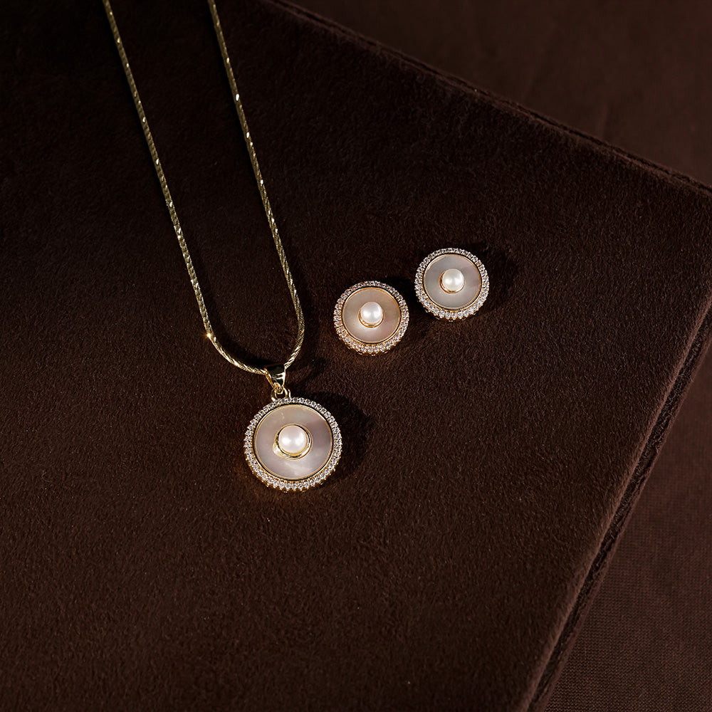 Classic Halo Pearl Pendant Set with Matching Stud Earrings