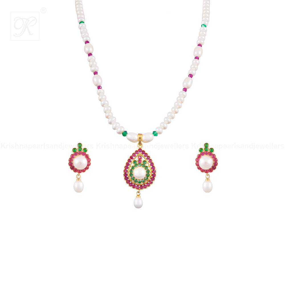 Festive Pearl & Multicolor stone Medallion | Krishna Pearls and Jewellers