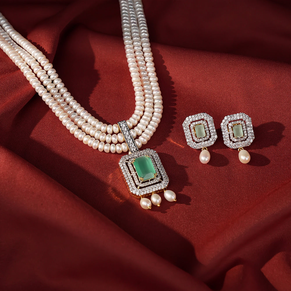 Triple Strand Freshwater Pearl Necklace & Earrings Set