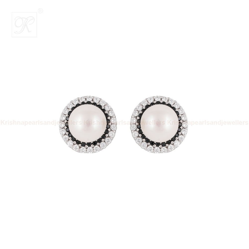 Silver white pearl with CZ earrings | Krishna Pearls and Jewellers