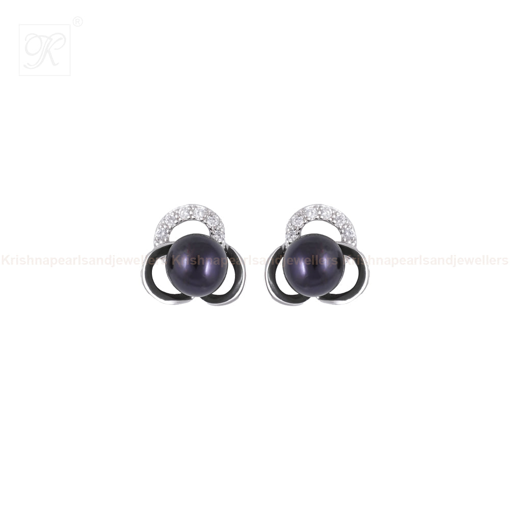 Black Pearl CZ Blossom Stud Earrings | Krishna Pearls and Jewellers
