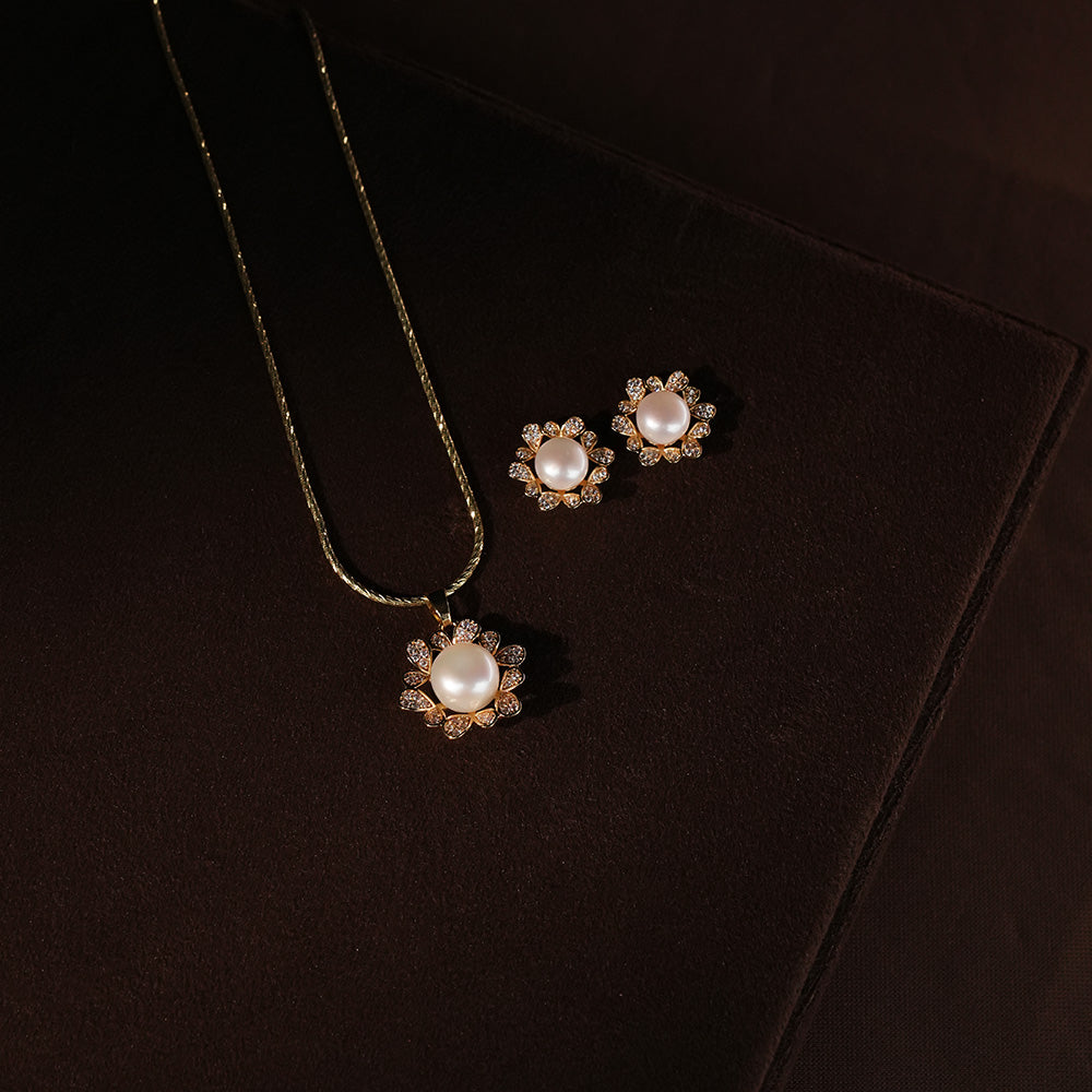 Golden Bloom Pearl Jewelry Set Freshwater | Krishna Pearls and Jewellers