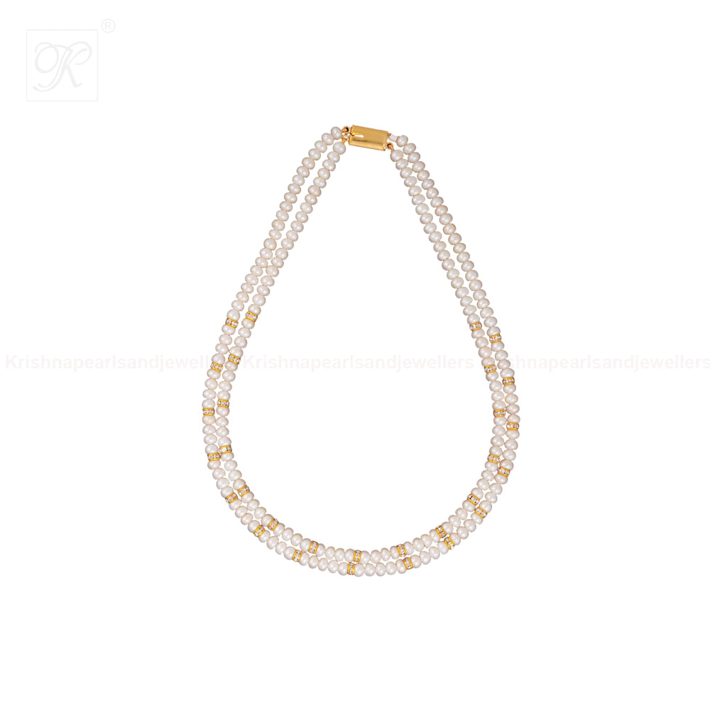 Double-Strand White Pearl String with Gold | Krishna Pearls and Jewellers