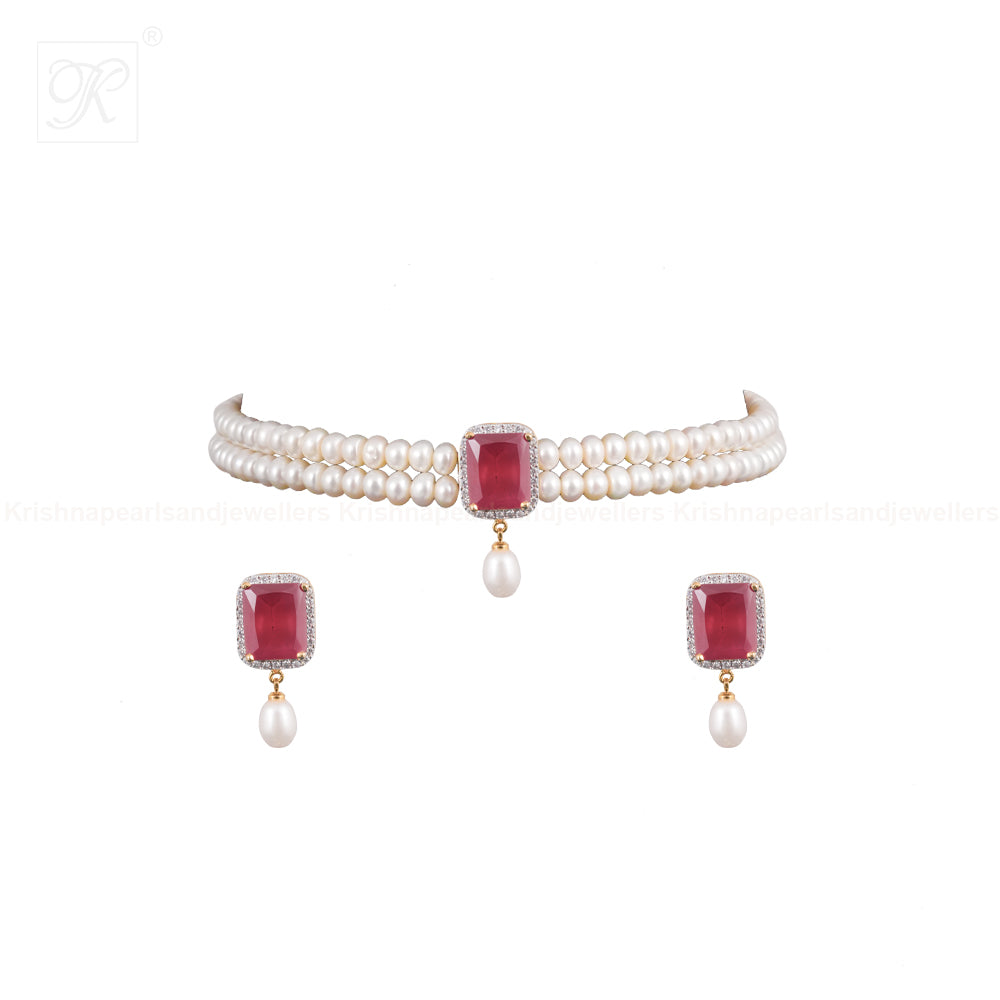 Red Stone Teardrop Pearl Choker Set | Krishna Pearls and Jewellers