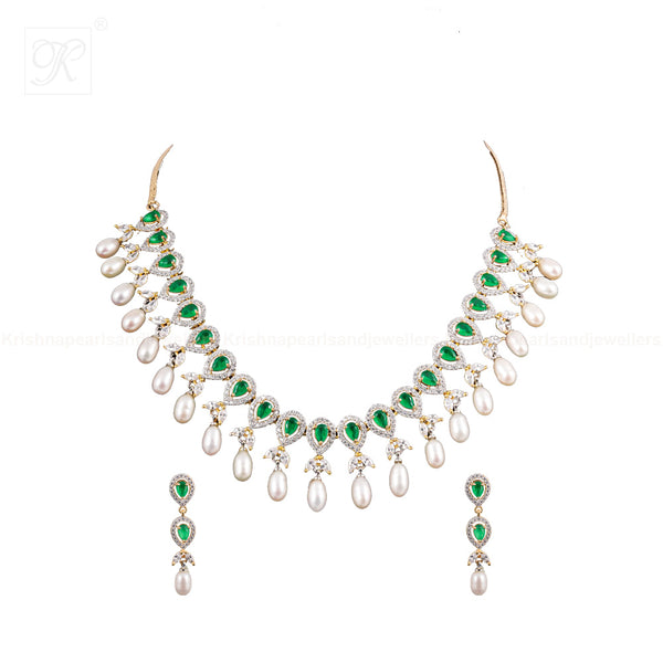 CZ with Green Stone Teardrop Pearl Necklace | Krishna Pearls and Jewellers