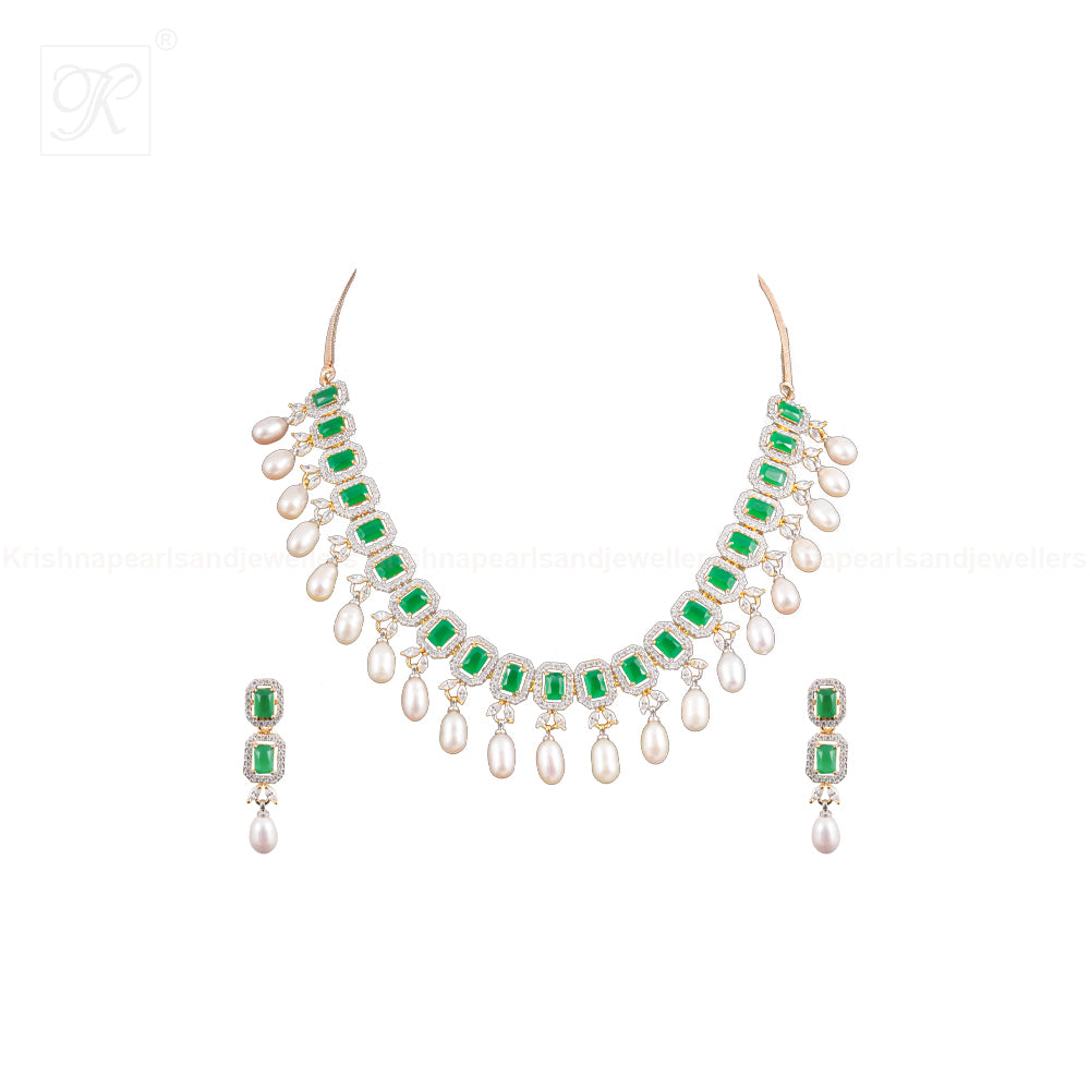 Green Square Cascade Pearl Necklace Set | Krishna Pearls and Jewellers