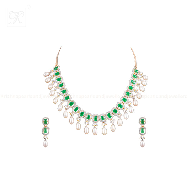 Green Square Cascade Pearl Necklace Set | Krishna Pearls and Jewellers