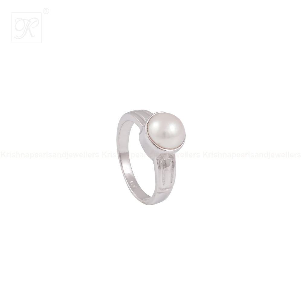 Regal Reflection: White Pearl and Silver Accent Ring | Krishna Pearls and Jewellers