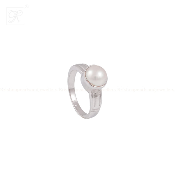 Regal Reflection: White Pearl and Silver Accent Ring | Krishna Pearls and Jewellers