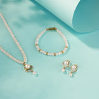 Geometric Pearl Pendant Necklace Set with Crystal AD pipes Pearl Bracelet & Matching Drop Earrings | Premium Pearl Jewellery Combo Set for Women.