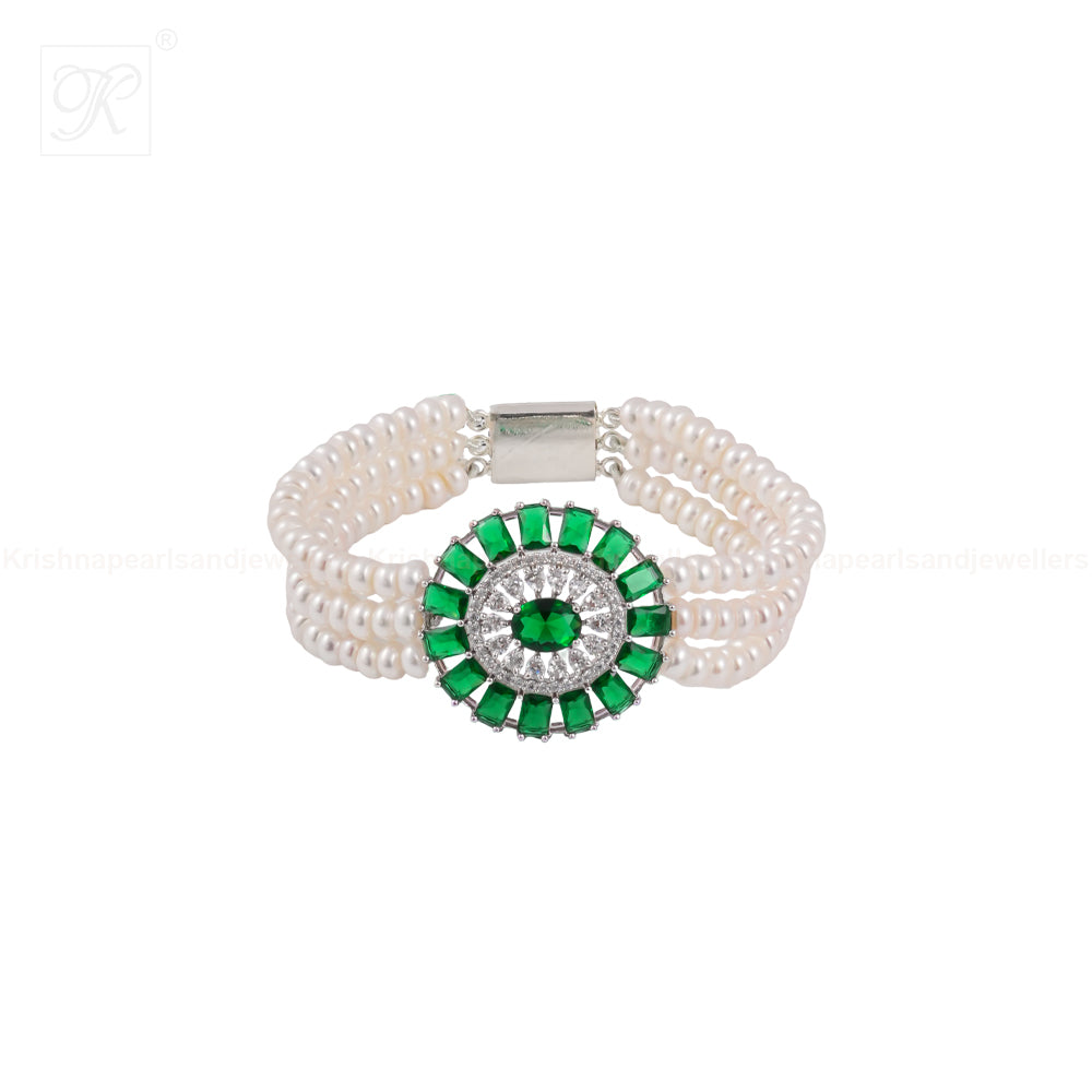 Emerald Bloom: Triple-Strand Pearl Bracelet | Krishna Pearls and Jewellers
