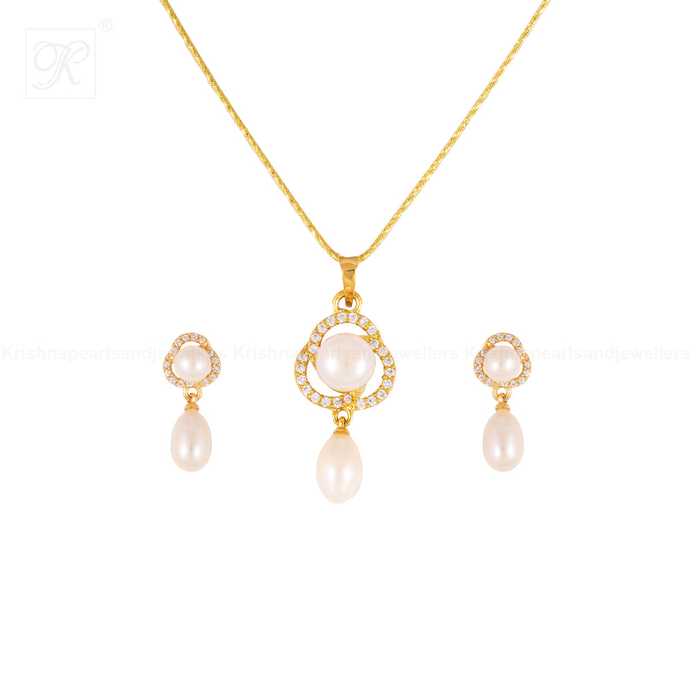 Royal Bloom White Pearl Pendant & Earring | Krishna Pearls and Jewellers