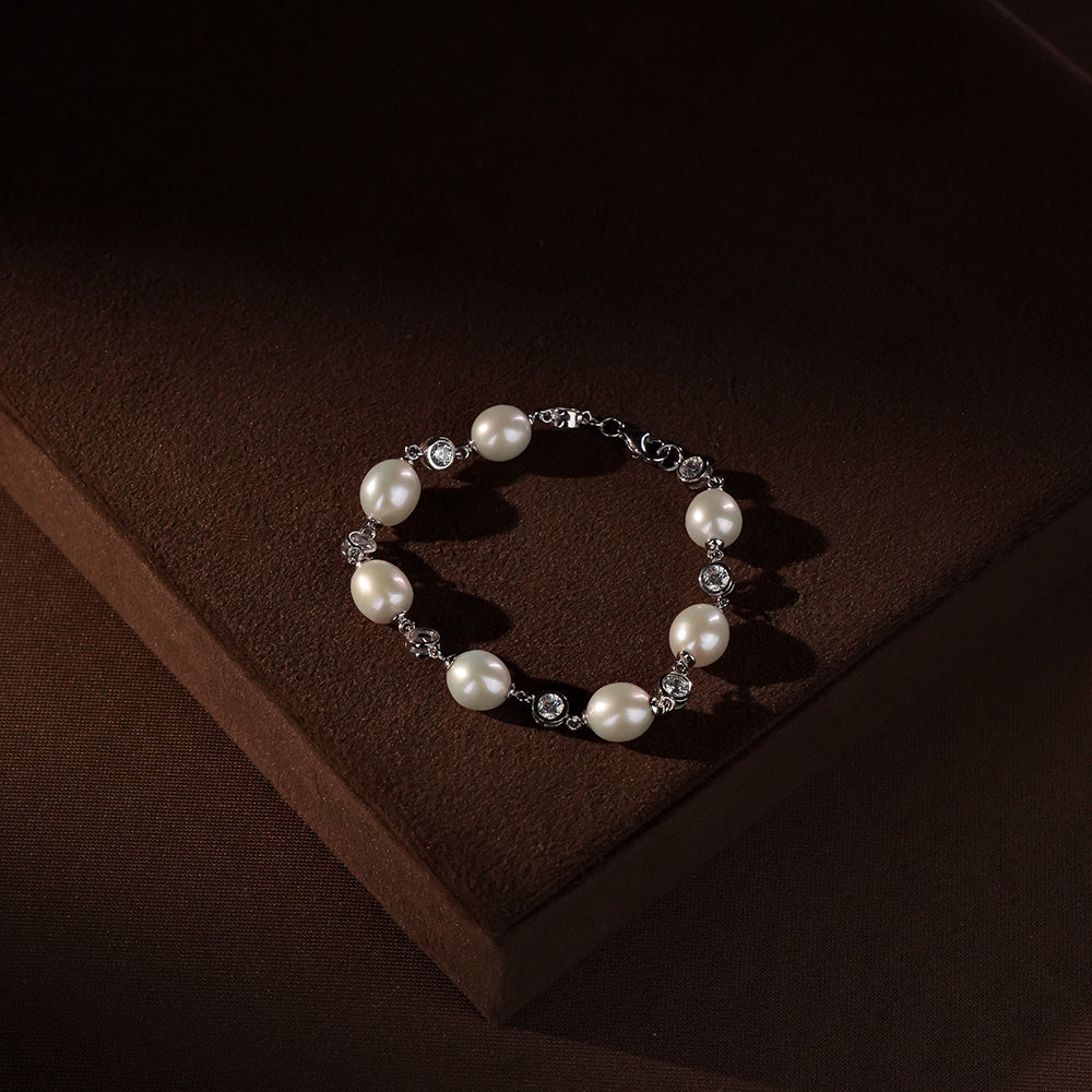 Sterling Silver Finish Pearl Link Bracelet