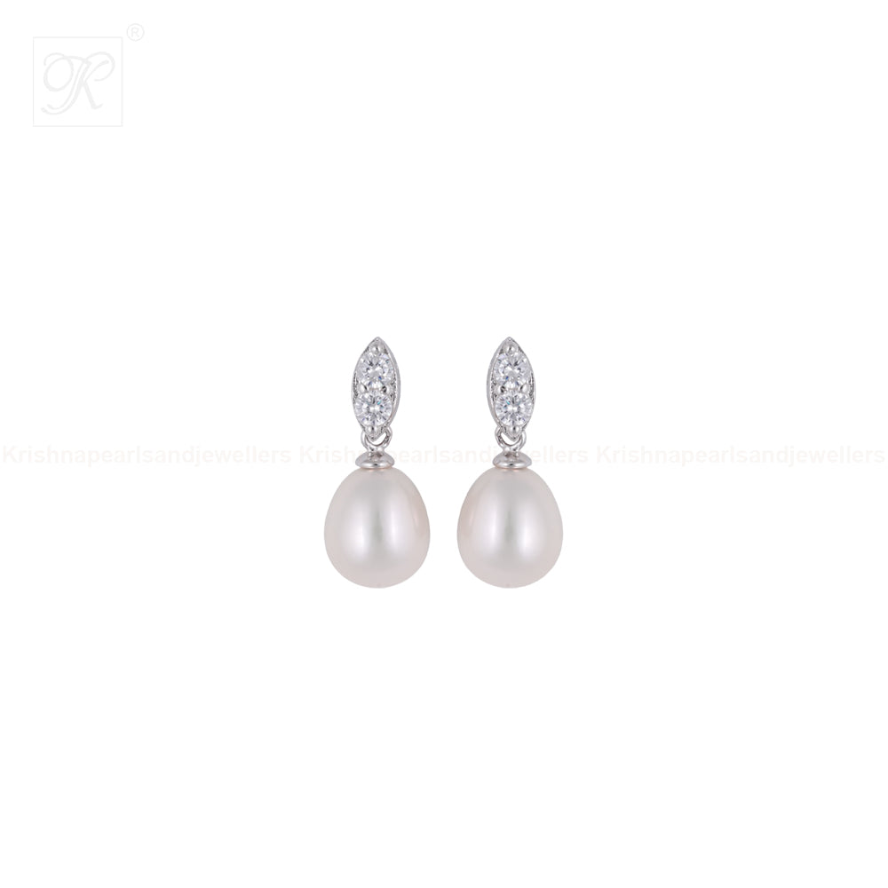 Elegant Pearl Drop Earrings with CZ Leaf | Krishna Pearls and Jewellers