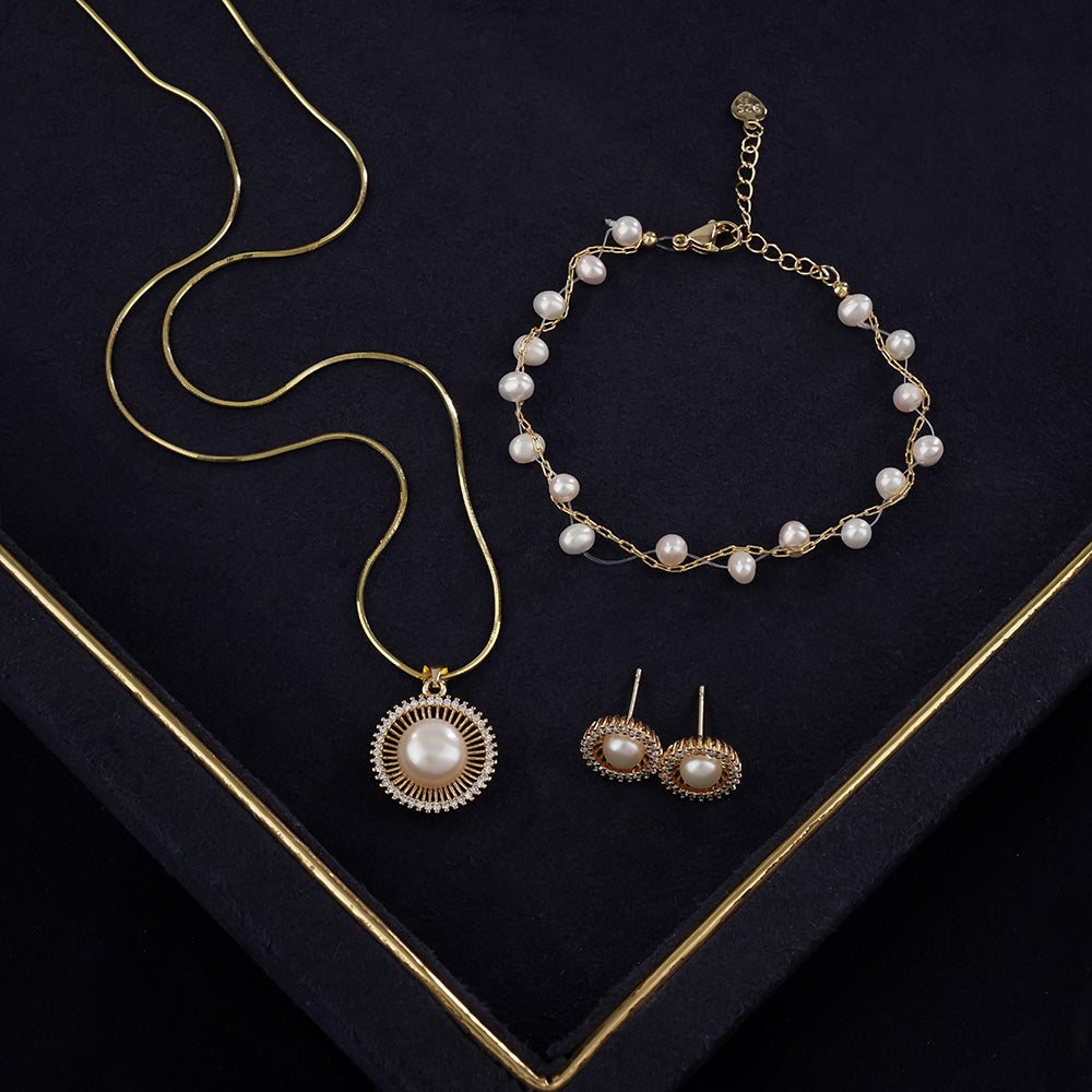 Elegant Freshwater Pearl Pendant Necklace with Matching Earrings & Pearl Bracelet | Gold Finish Designer Jewellery Combo Set for Women