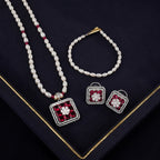 Freshwater Pearl Necklace Set with Sparkling Red Stone Square Pendant, Matching Earrings & Pearl Bracelet | Bridal Designer Jewellery Combo and Gift Set