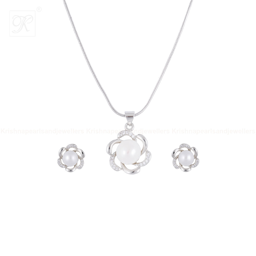 Silver Bloom Pearl Set Freshwater Pearl | Krishna Pearls and Jewellers